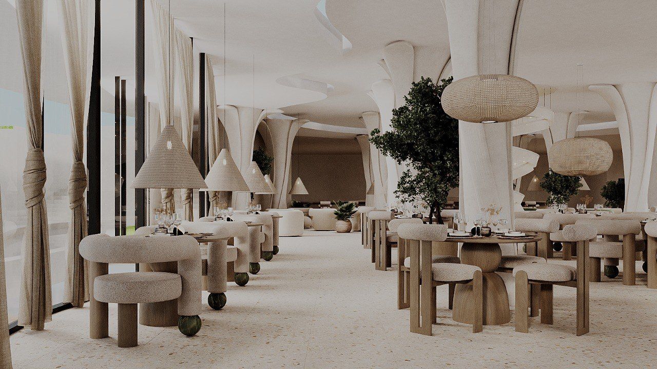 Salle du restaurant en enfilade le long des baies