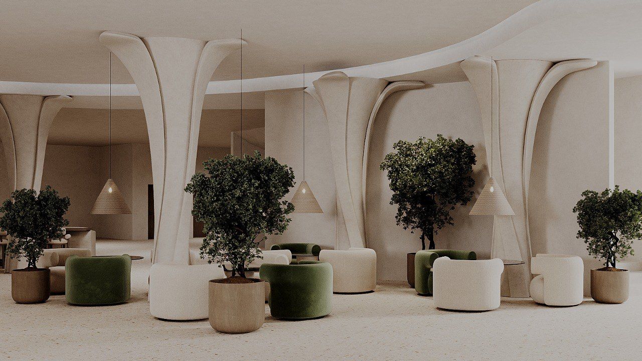 Lounge et colonnes arborescentes, fauteuils et arbres