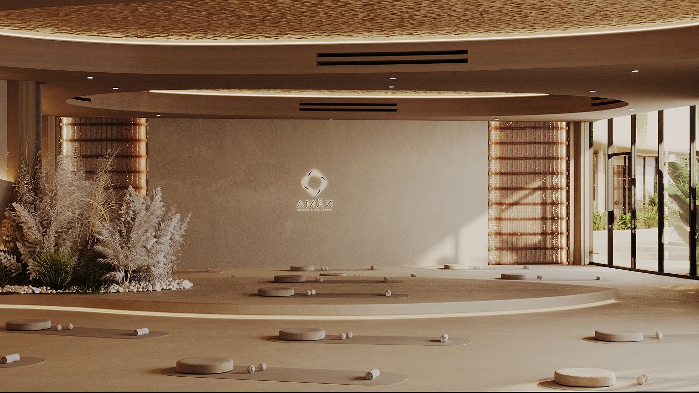 Salle de yoga et de méditation, tapis et coussins