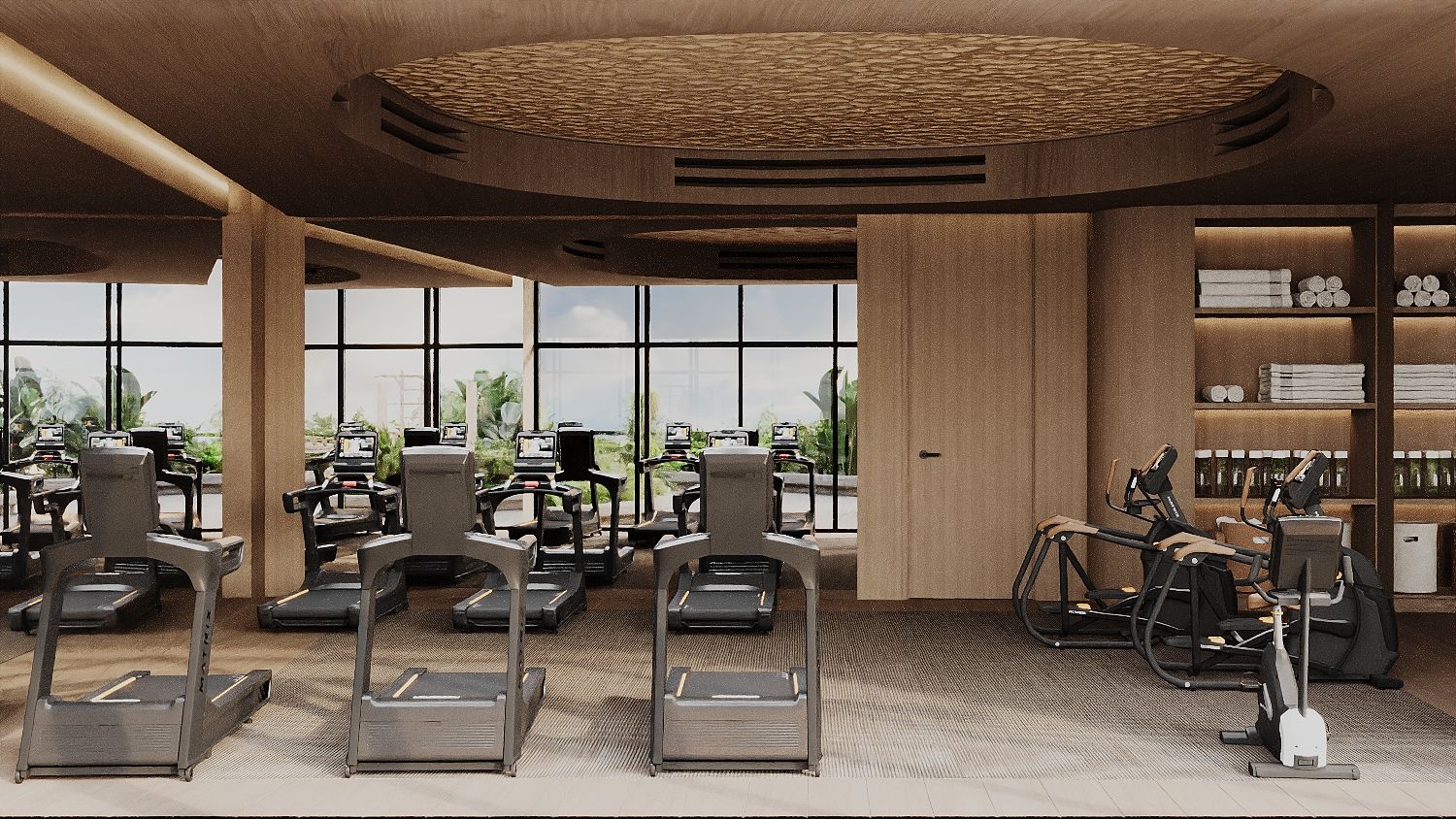 Tapis de course face aux baies vitrées et vélos elliptiques