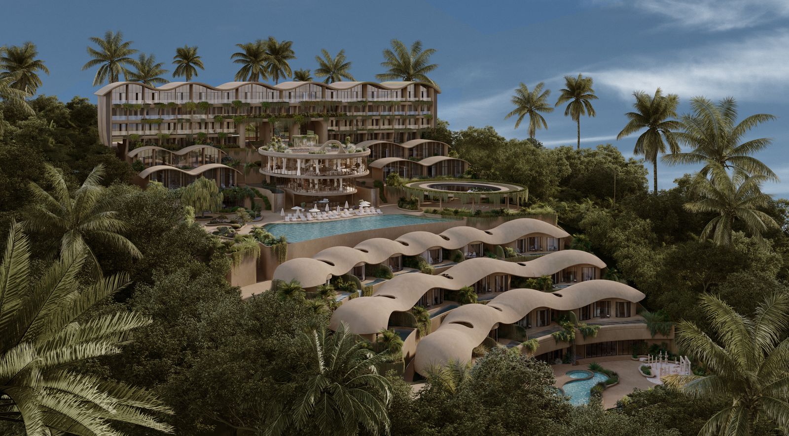 Vue d'ensemble du resort Aura dans la végétation