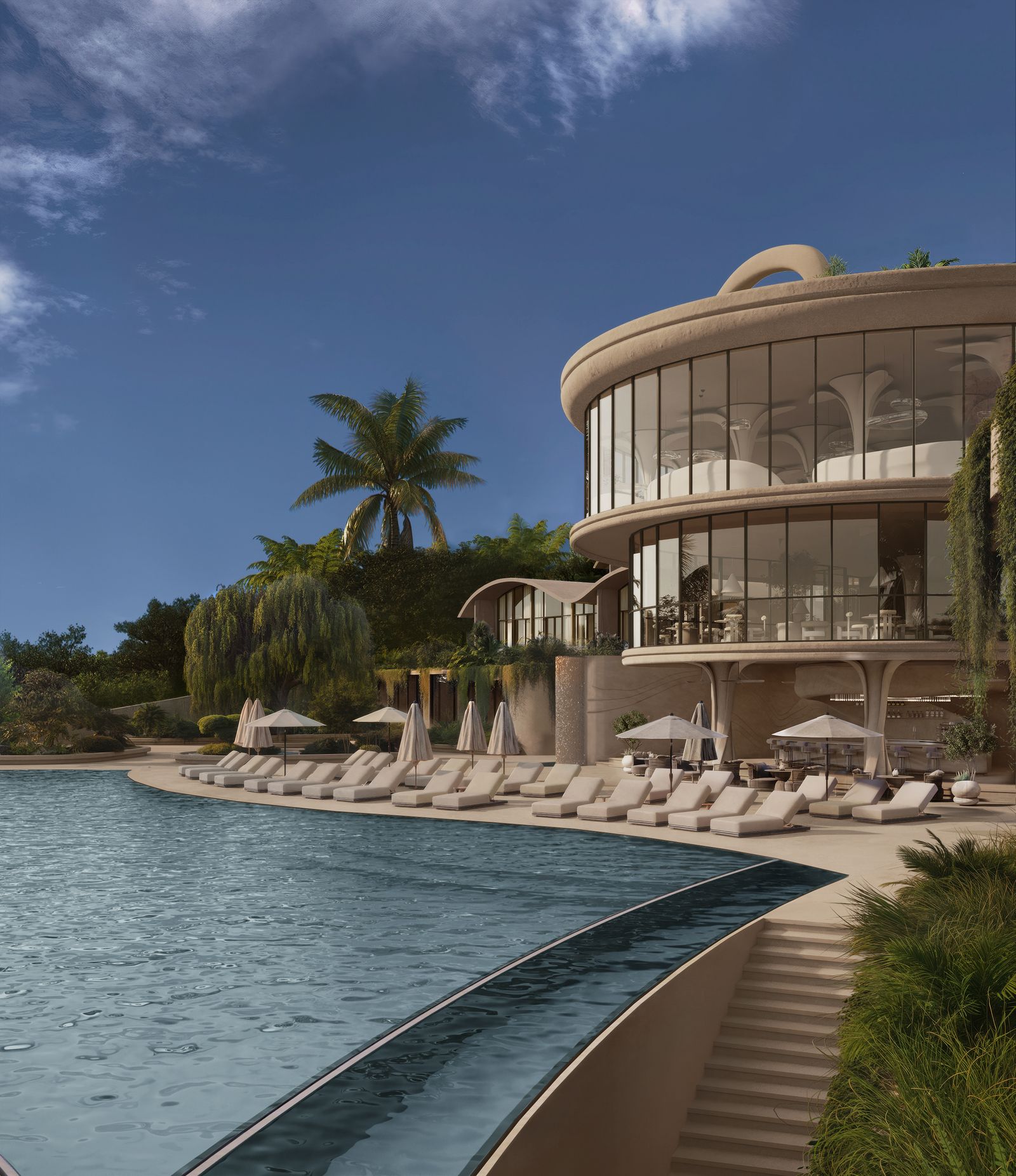 Piscine principale et bâtiment restaurant