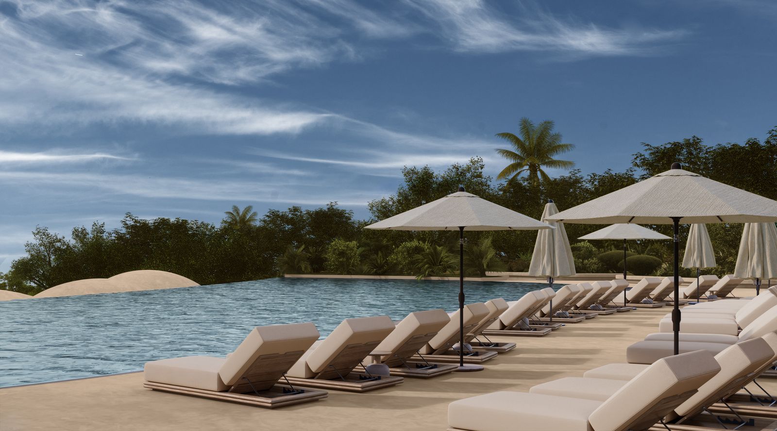 Piscine à débordement, transats et parasols