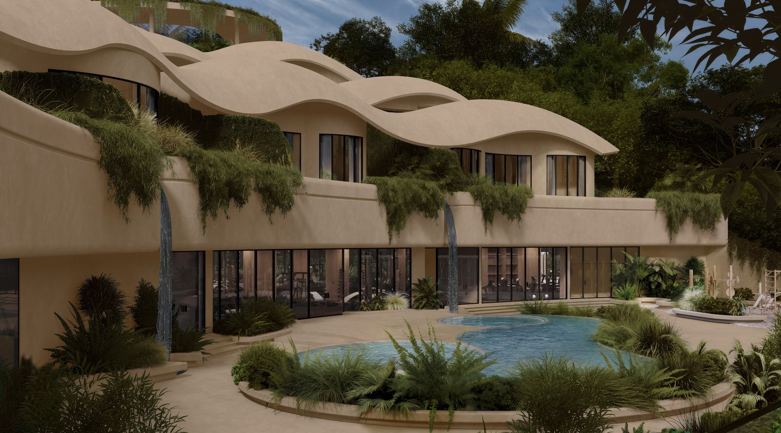 Bassins et espace vitré donnant sur la terrasse
