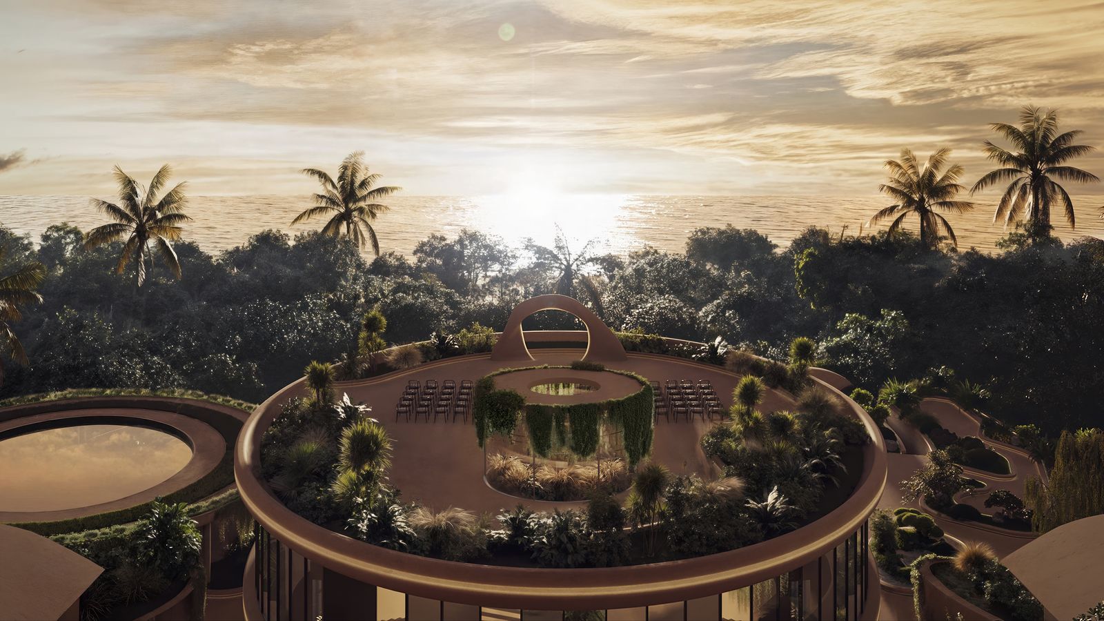 Terrasse circulaire face à l'océan au coucher du soleil