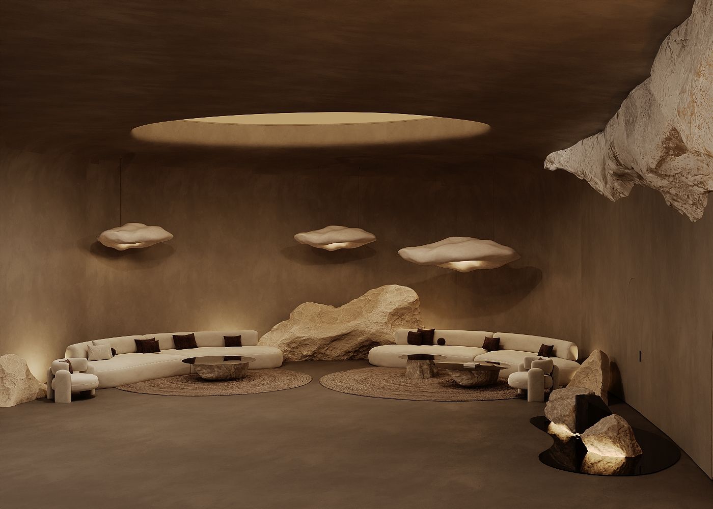 Salon de relaxation, banquette courbe et rocher naturel