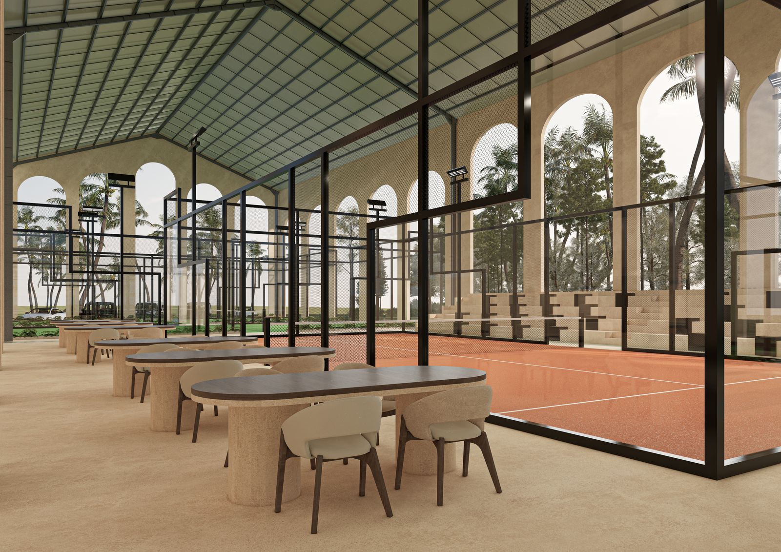 Tables du club-house le long des courts