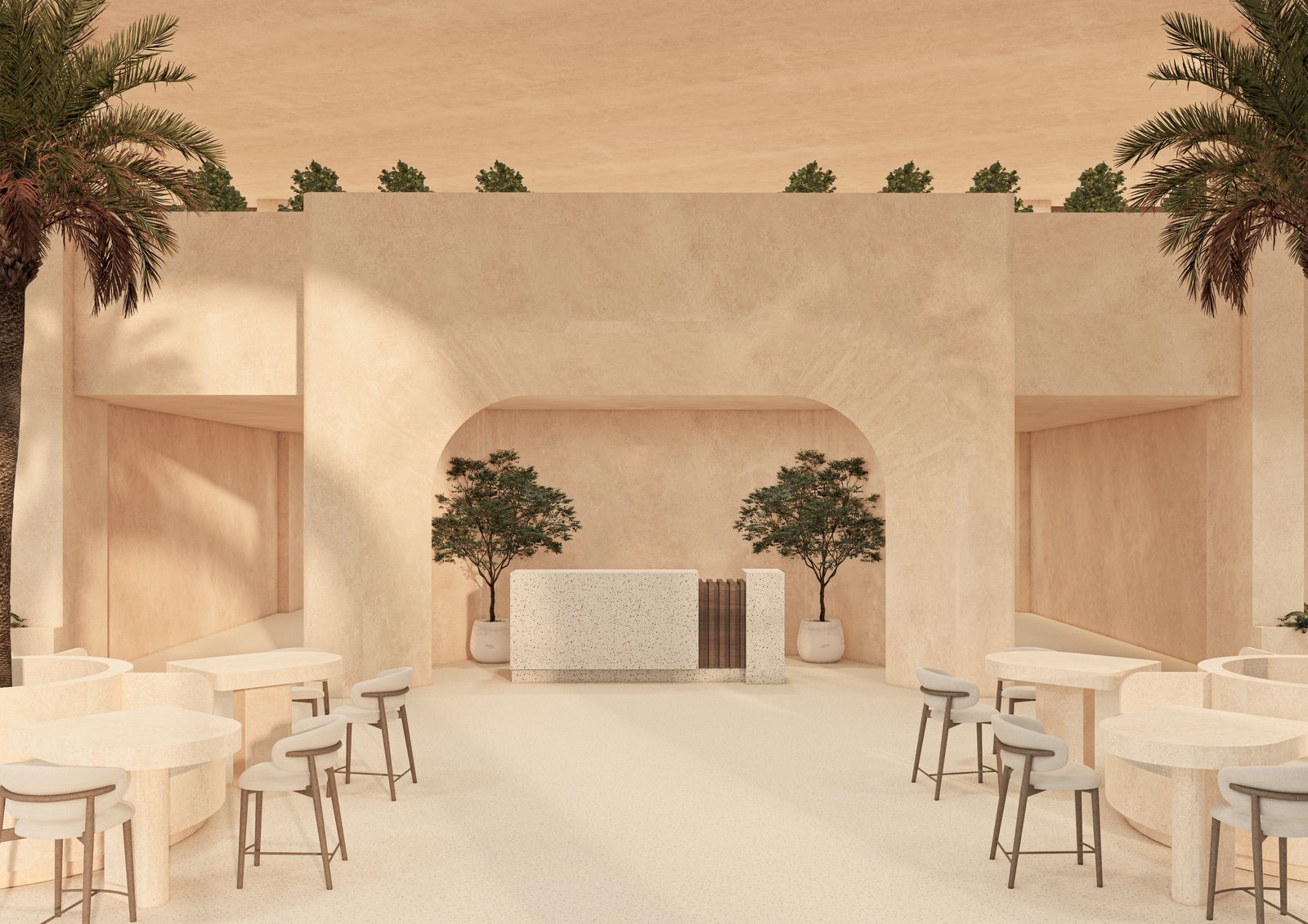 Comptoir en terrazzo sous l'arche centrale