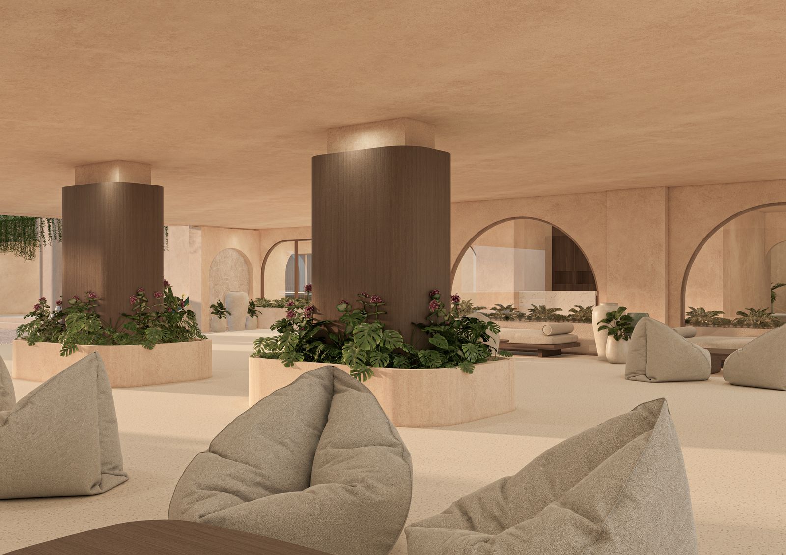 Lounge à poufs entre les colonnes et les jardinières