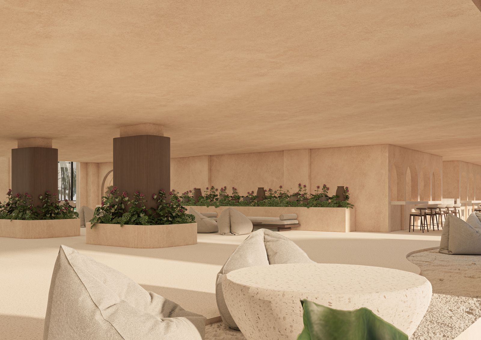 Le lounge en enfilade, bar en arrière-plan