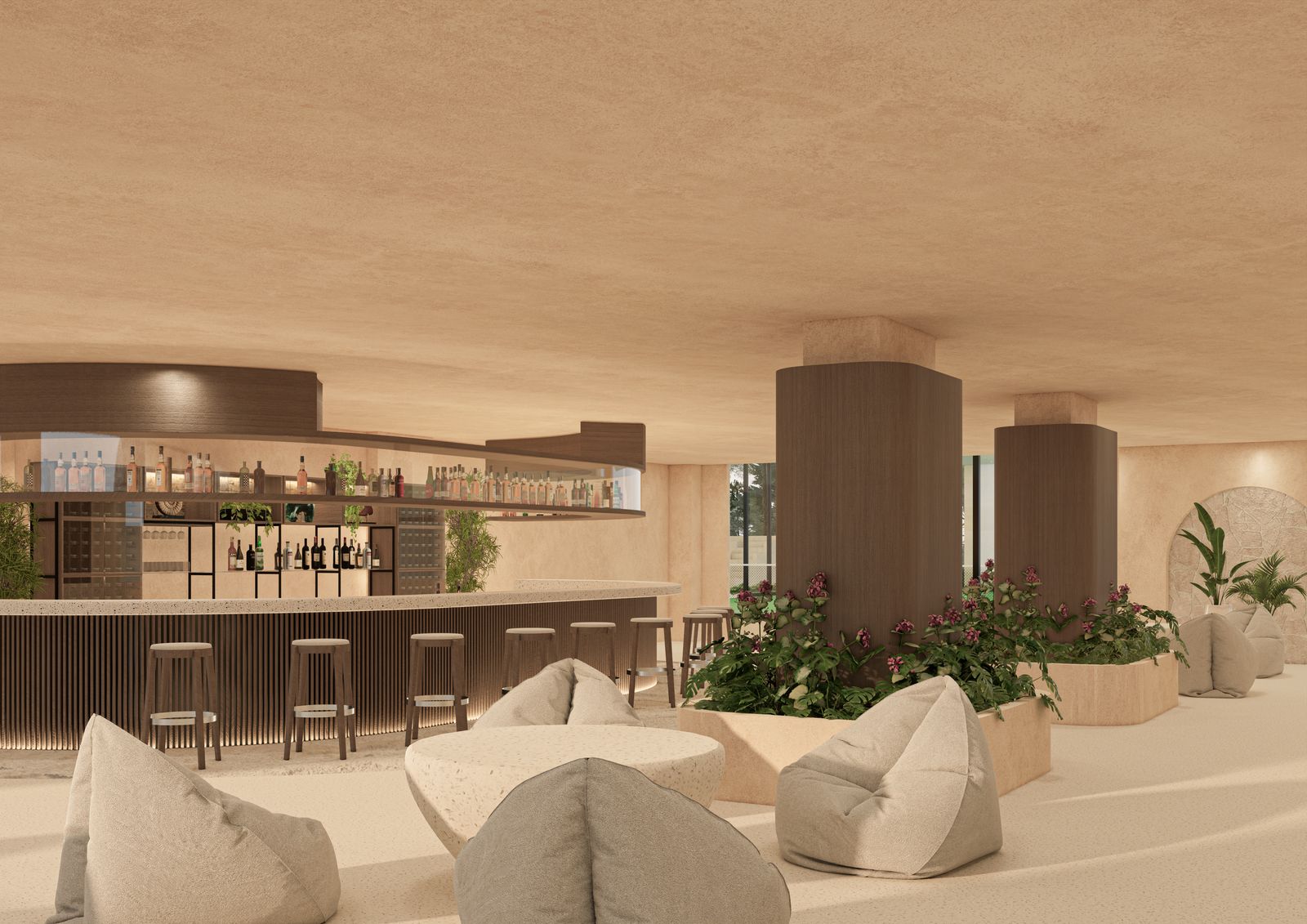 Comptoir courbe du bar et étagère à bouteilles
