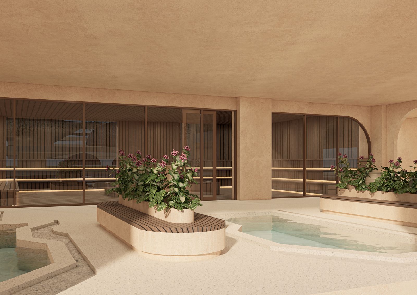 Bassins du spa, banquette en bois et jardinières