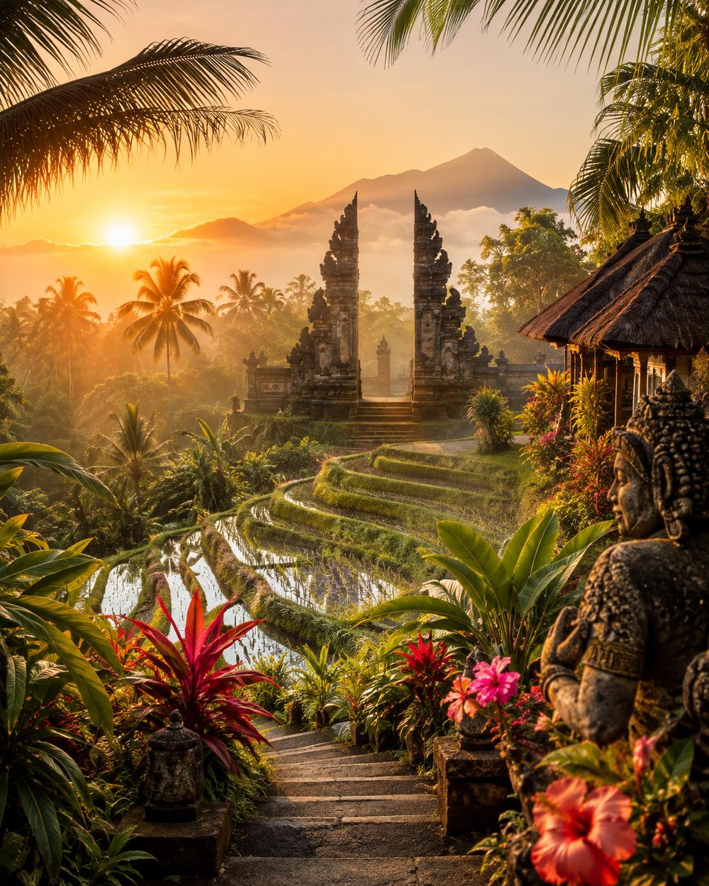 Temple balinais et rizières en terrasses au lever du soleil